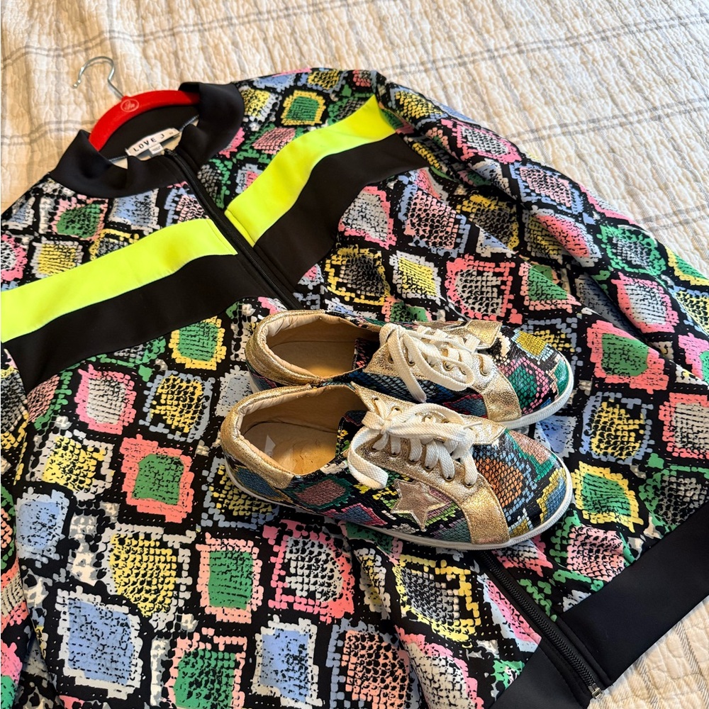 Love J Multicolor Bomber Jacket and matching Sneakers.